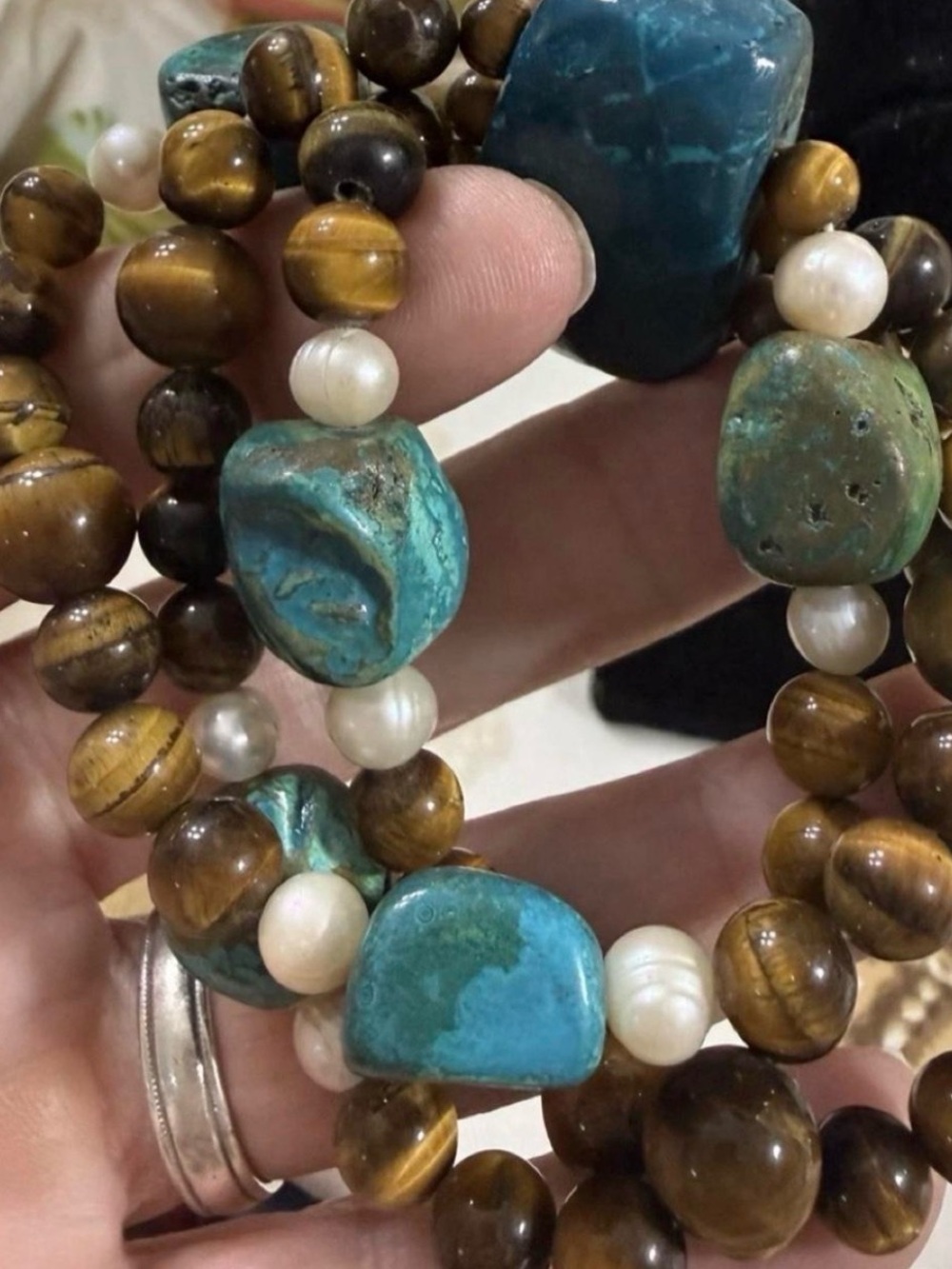 Source Unknown Turquoise, Tiger Eye & Pearl Bracelet Set